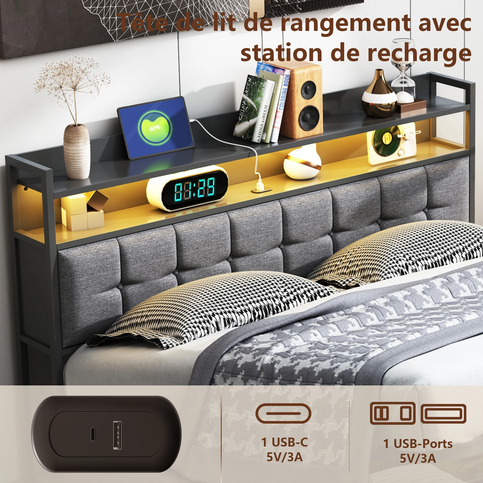 WoodenAura Boxspringbett 160x200 cm, LED-Leiste und Steckdose – Bild 2