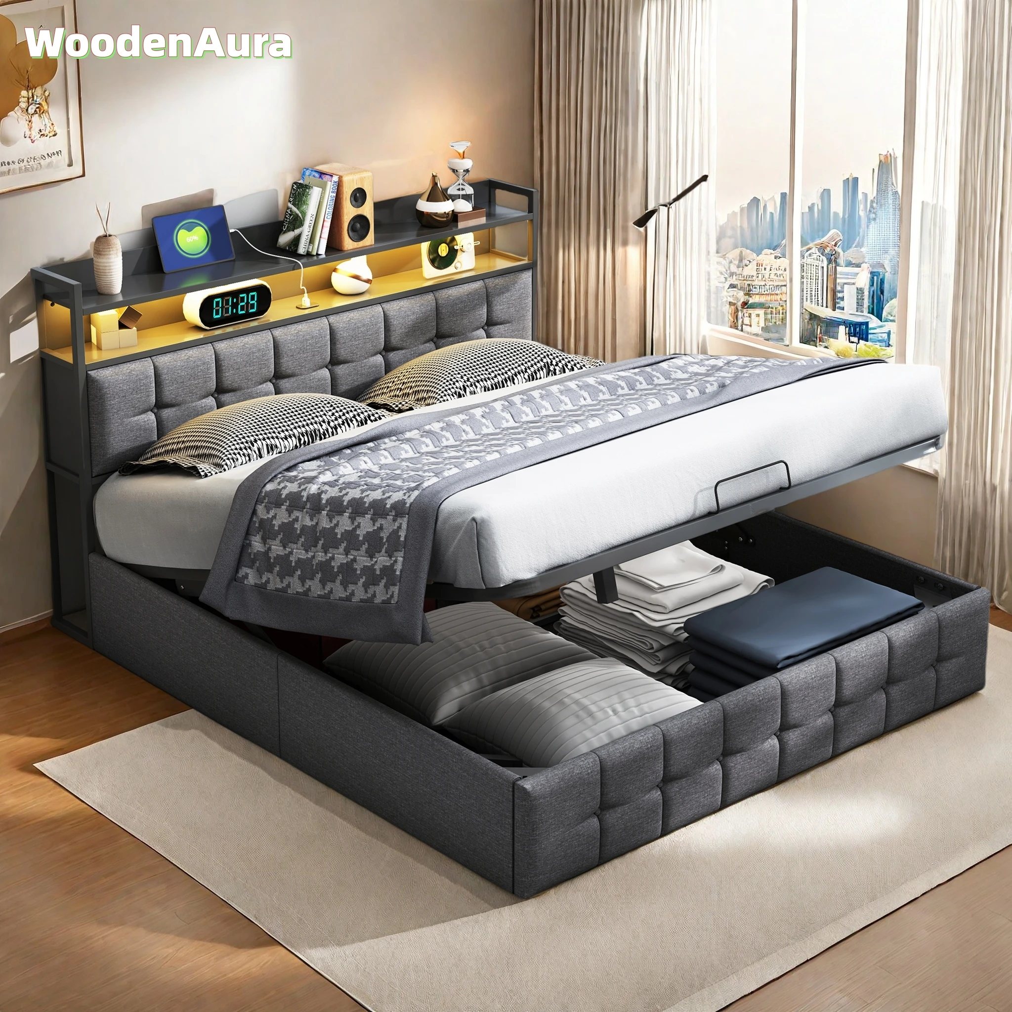 WoodenAura Boxspringbett 160x200 cm, LED-Leiste und Steckdose
