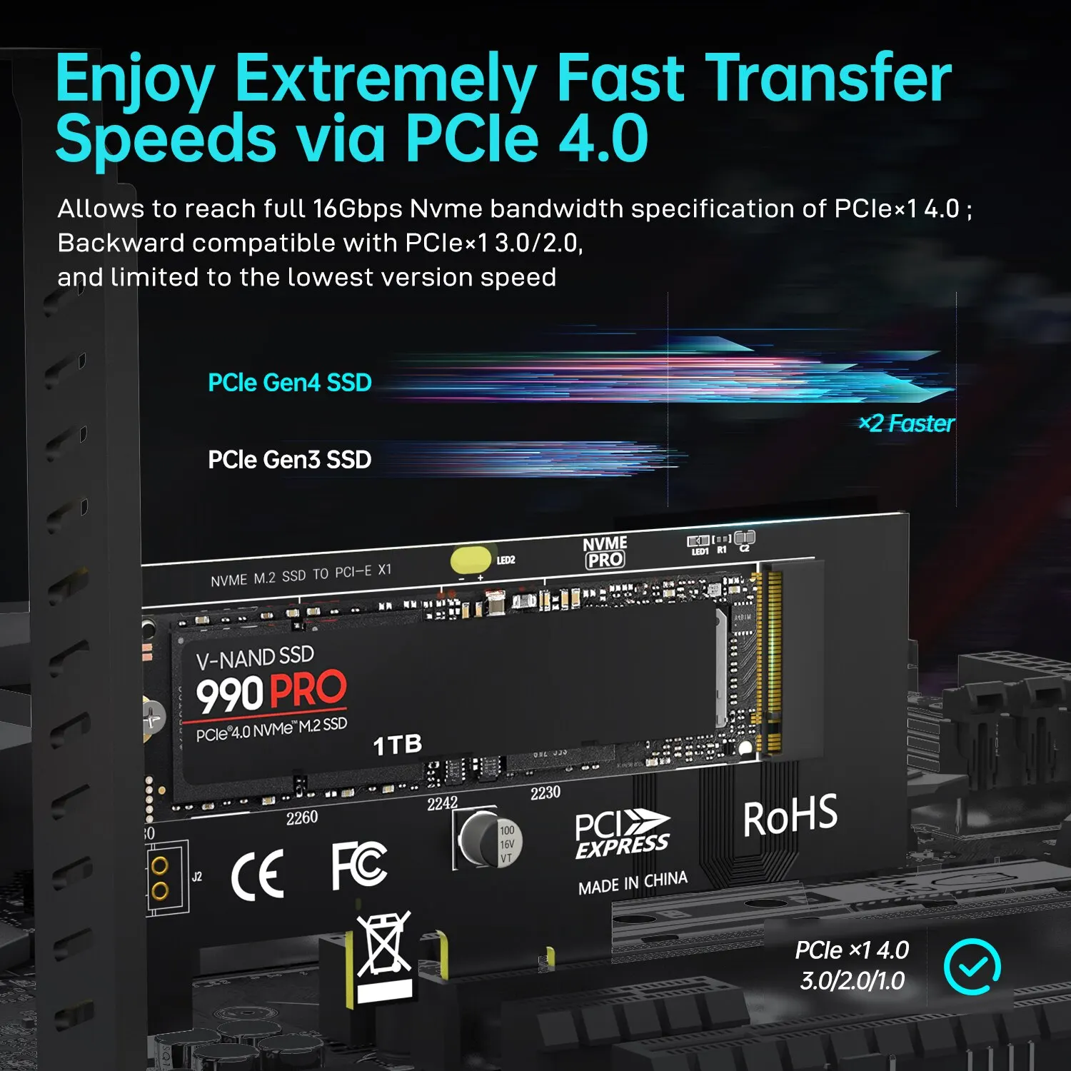 NVME SSD zu PCIE X1 Adapter für Desktop-PC, PCI-E GEN4 16 Gbit/s – Bild 2