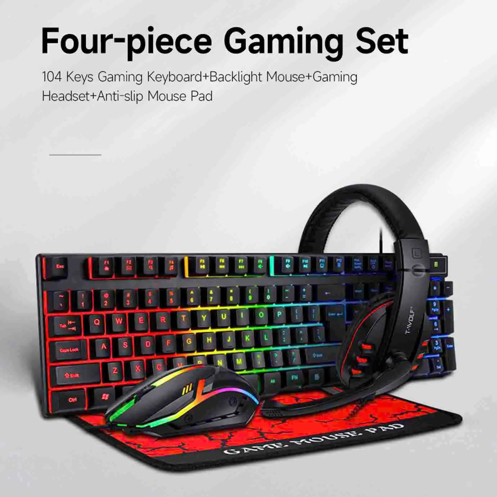 TF800 Vierteilige Gaming-Kombination, 104 Tasten, Atmungslicht-Maus, Headset & Mauspad