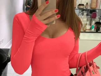 Langarm Bodycon Sexy Top in Neon-Orange