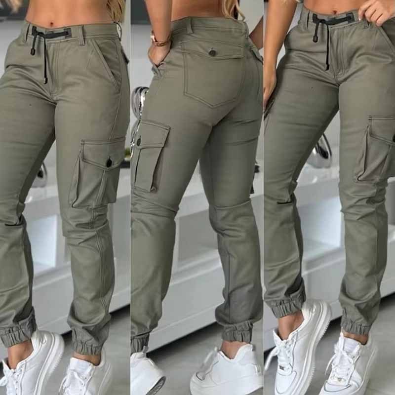 Women's High-Waisted Cargo Pants - Non-See-Through Work Pants With Drawstring Waist Multi-Pocket Slim Tapered Leg For Office – Bild 3