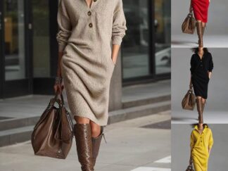 Modisches, langärmeliges Strickkleid mit Stehkragen & V-Ausschnitt