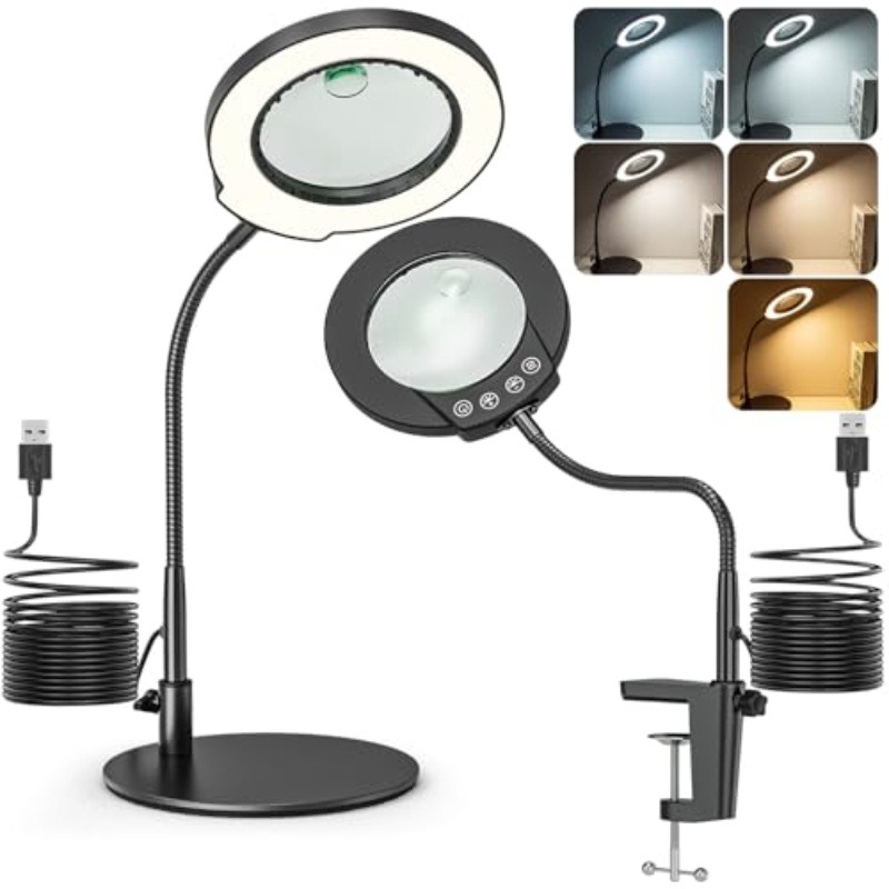 10-fach Vergrößerungslupe mit Licht und Stativ, 5 Farbmodi, stufenlos dimmbare LED-Schreibtischlampe