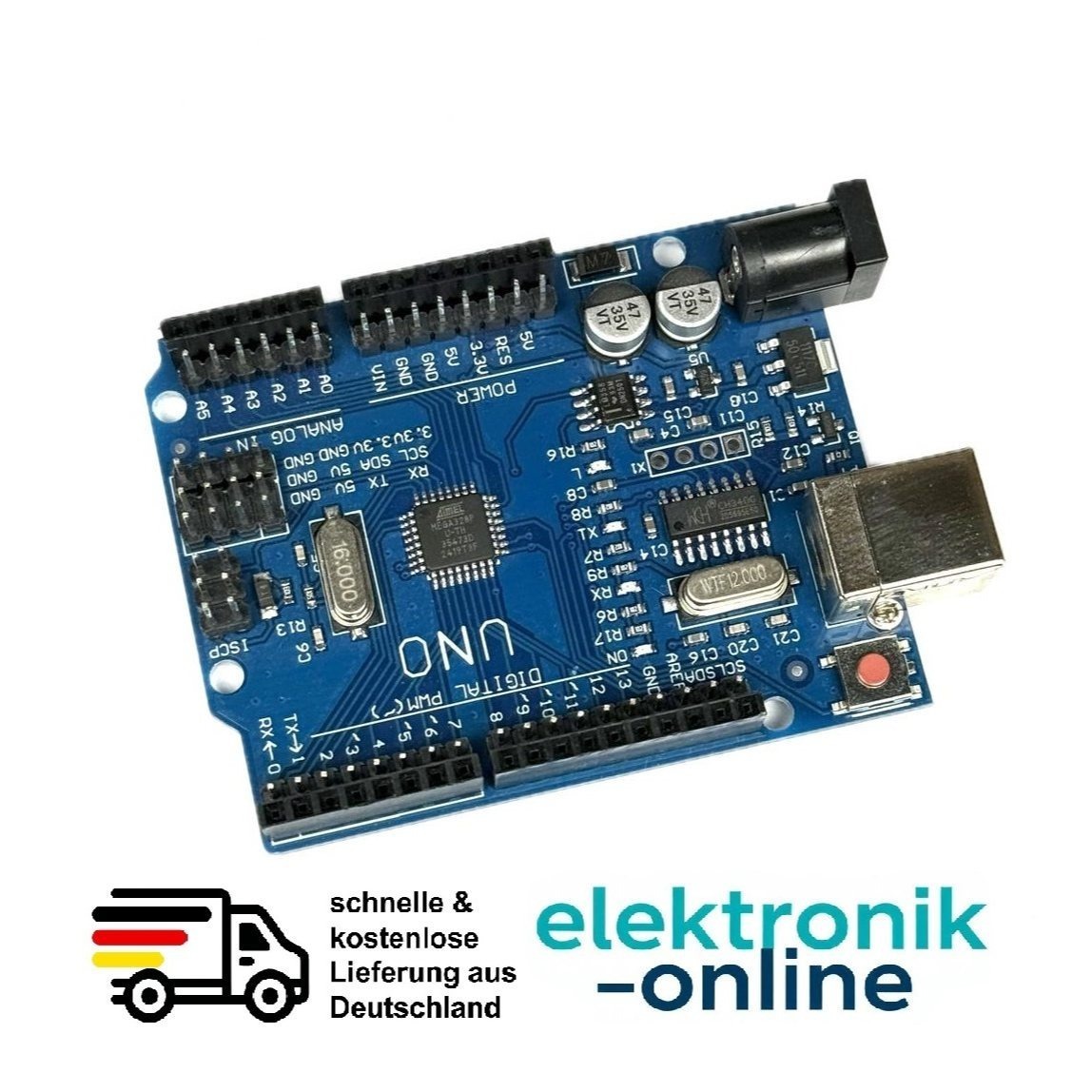 Uno R3 Board | Atmega328P Board mit verlöteten Pins, 14 digitalen, 6 analogen Eingängen