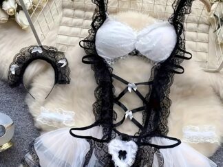 Kostüm „Freches Dienstmädchen“: Body mit Schleifen-Spitzenverzierung, Trägerkleid, Armband und Kopfschmuck