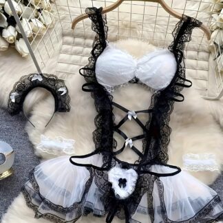 Kostüm „Freches Dienstmädchen“: Body mit Schleifen-Spitzenverzierung, Trägerkleid, Armband und Kopfschmuck