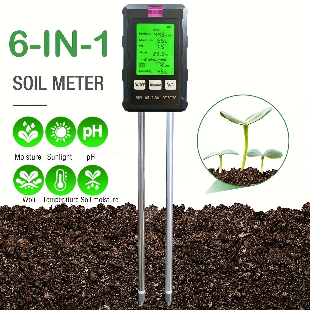 6-in-1 Bodenmessgerät mit Digitalanzeige – Misst Temperatur, Licht, pH-Wert und Feuchtigkeit