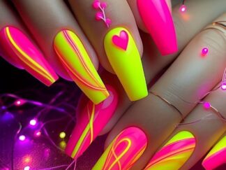 24 künstliche Fingernägel in glänzendem Neonpink und Gelb mit Herz- und Wirbelmuster