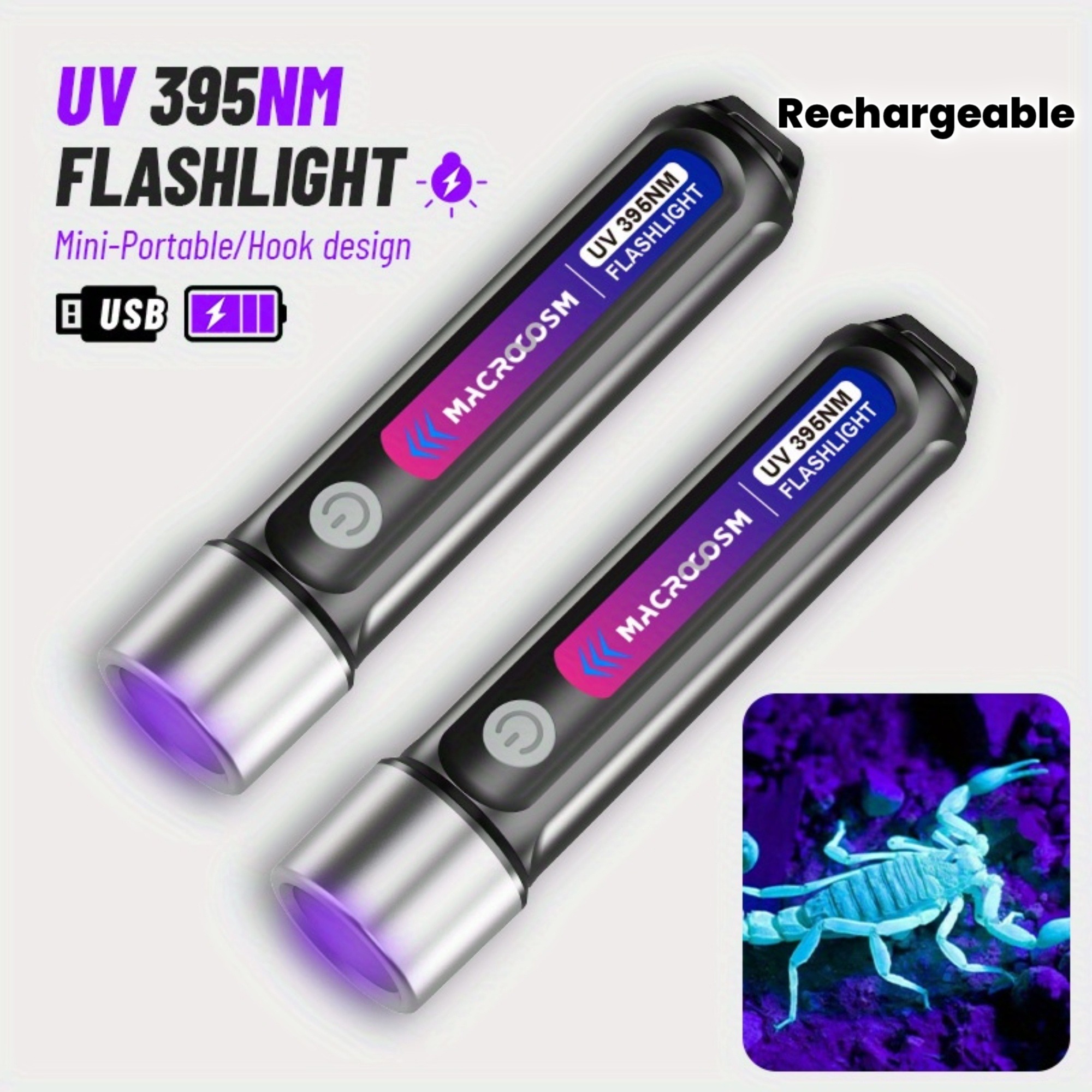 2 x 395 nm UV-LED-Taschenlampen mit USB