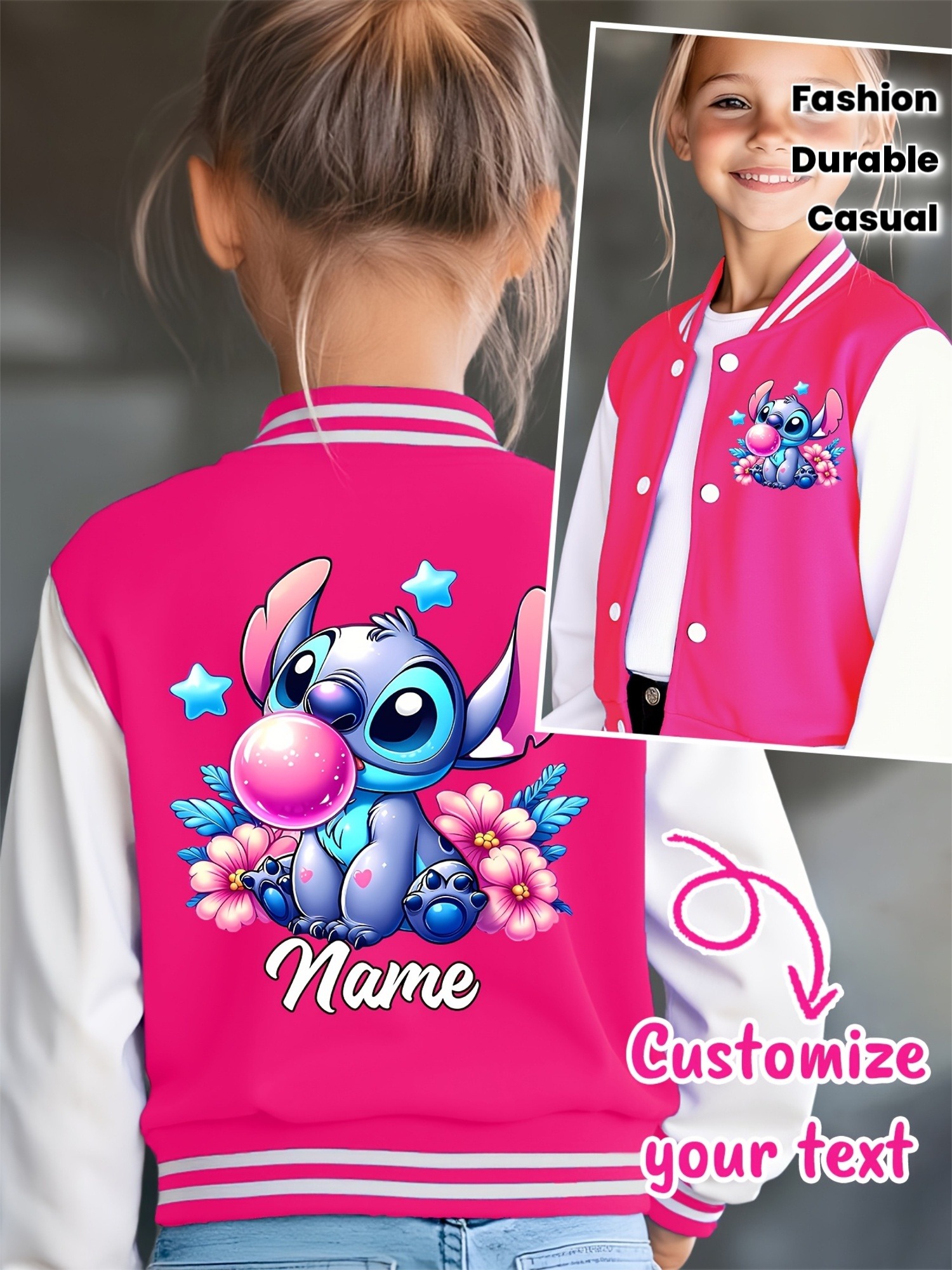 Personalisierbare Stitch-Baseballjacke für Mädchen – mit individuellem Text