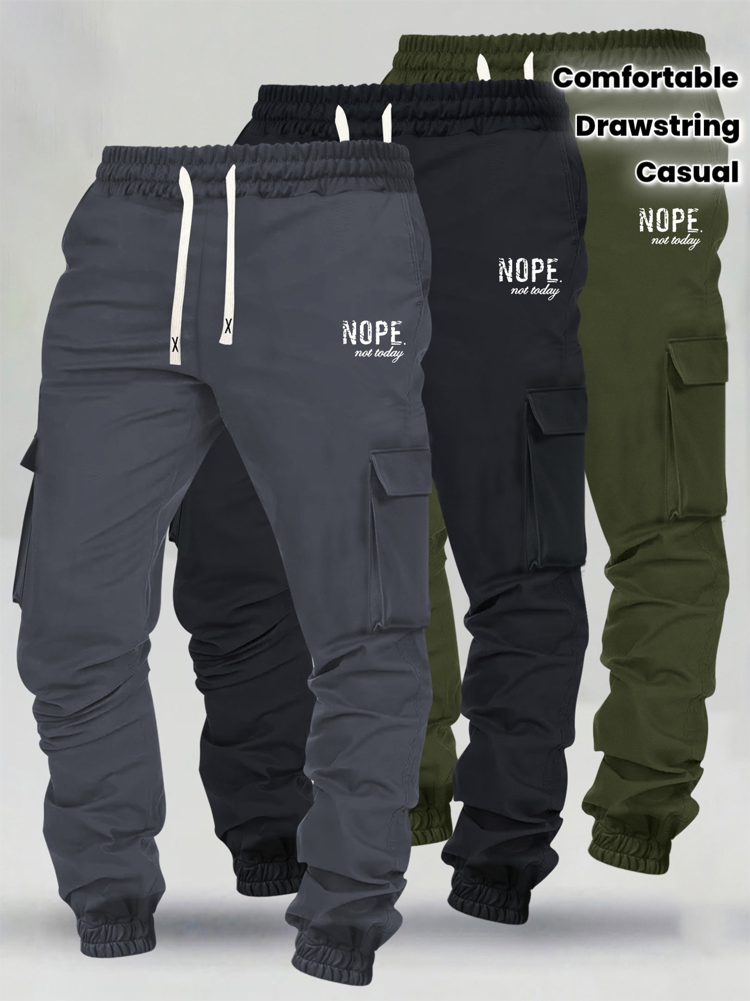 3er-Pack lässige Herren-Cargohosen mit „NOPE“-Buchstabenprint