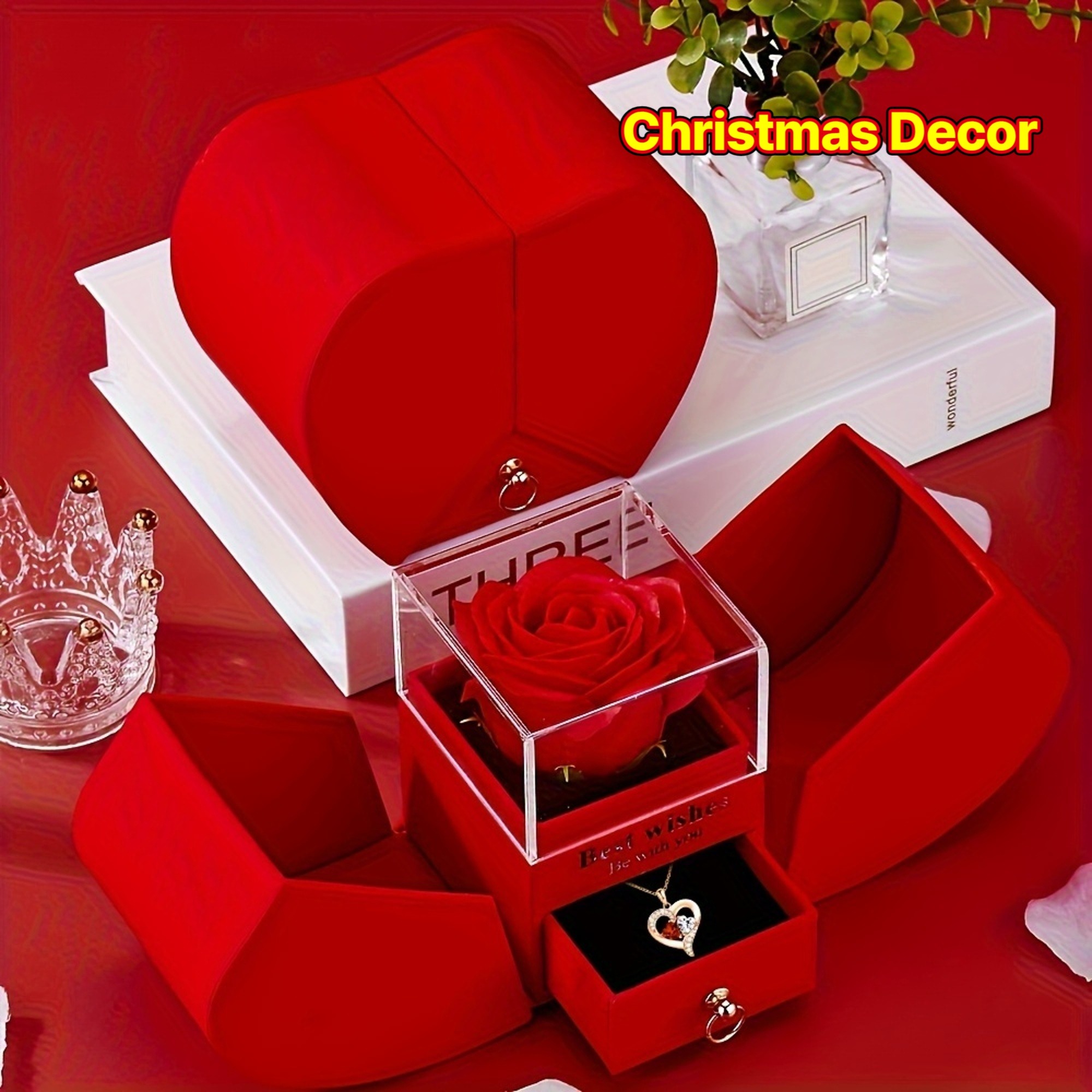 Elegante, luxuriöse Geschenkbox mit künstlicher Rose und einer Herzkette