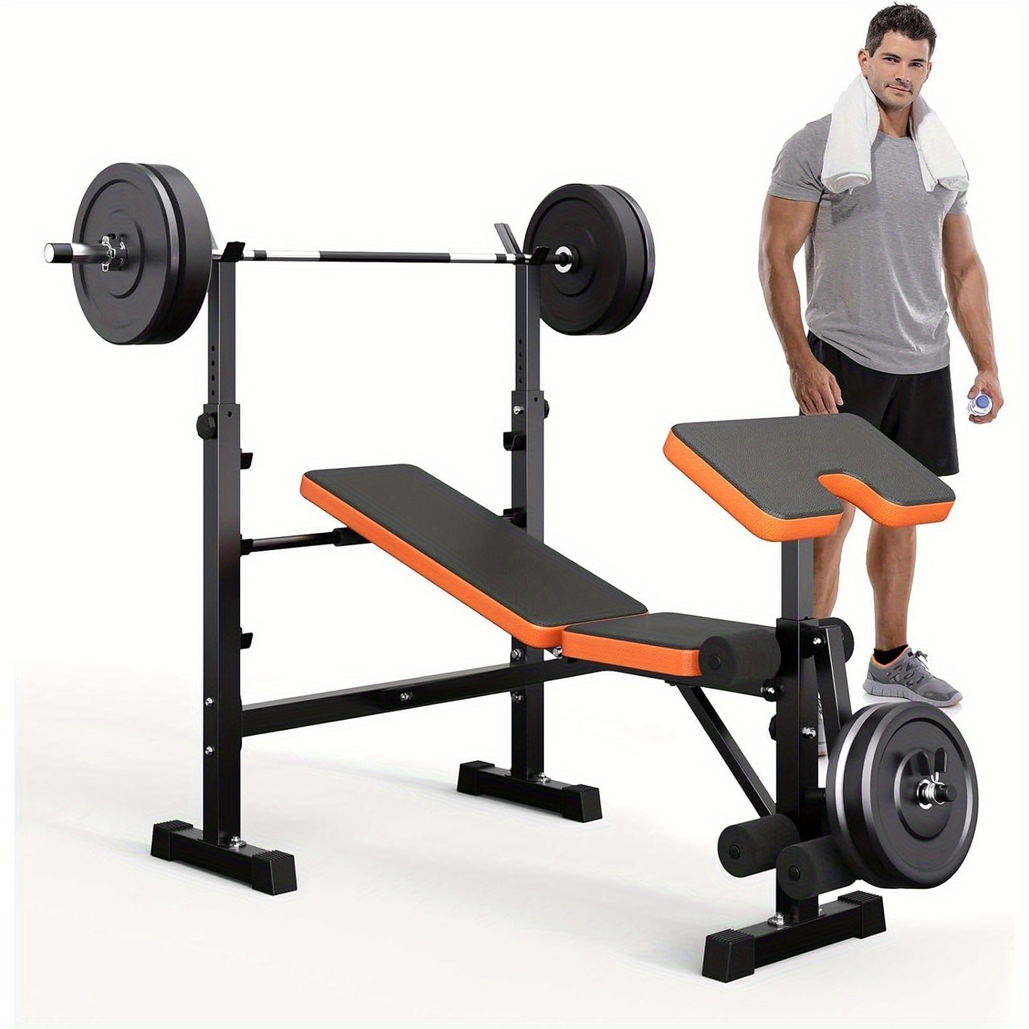 6-in-1 verstellbare Hantelbank, 299,37 kg Tragkraft, Trainingsbank mit Kniebeugenständer